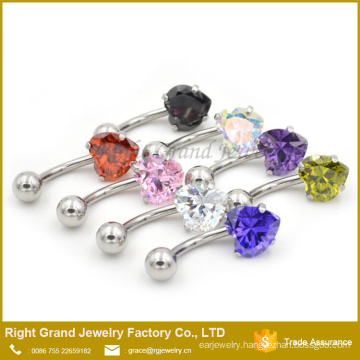 Fashion Stainless Steel Prong Setting Heart Pink Cubic Zircon Navel Belly Ring